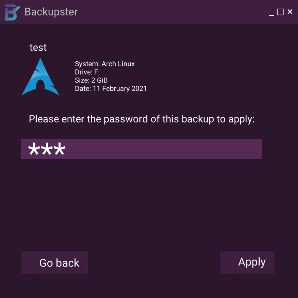Backupster - Password Screen