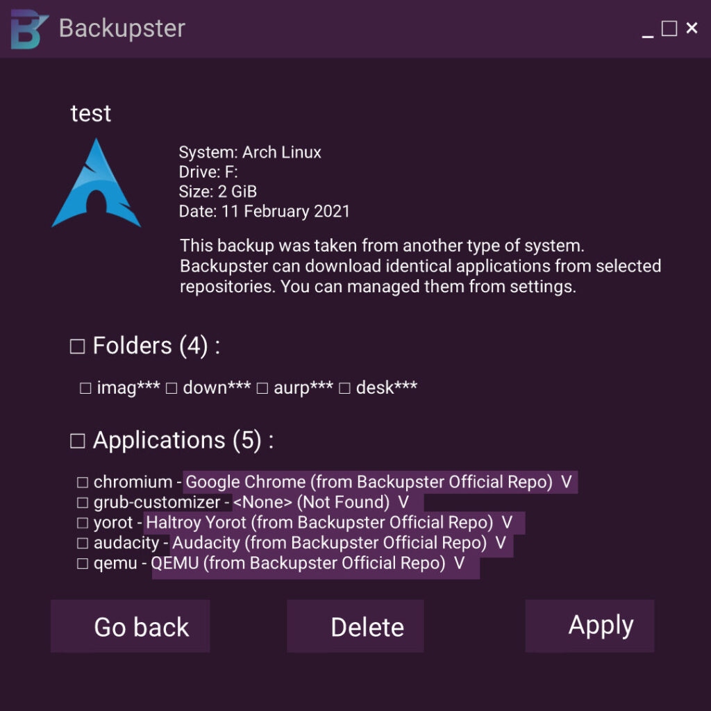 Backupster - Yedek Bilgileri Ekranı